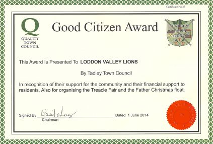 Loddon Valley Lions Good Citizen Award from Tadley Town Council Loddon Valley Lions Good Citizen Award from Tadley Town Council